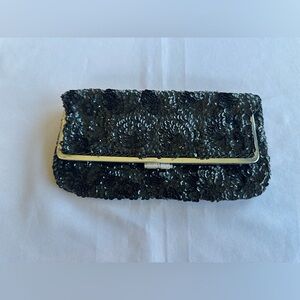 Vintage Black Elegant Sequin Beaded Fold Over Kisslock Clutch